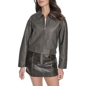 Women's Grey Faux Leather Bomber Jacket  With Laydown Style Collar Comfort